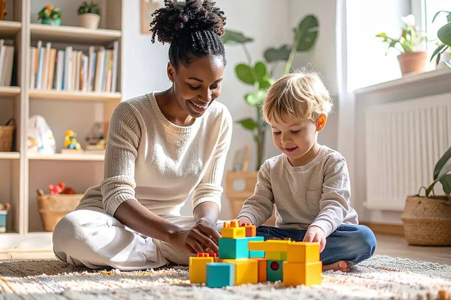 Au-pair mit Kind spielt auf dem Teppichboden